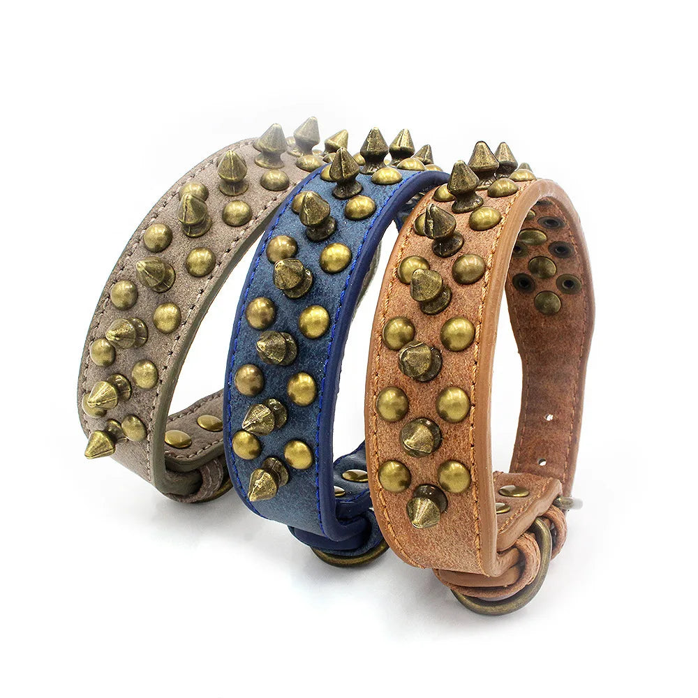 Faux Leather Dog Collar with Spikes - Anti-Bite Rivets, Cool, Attention