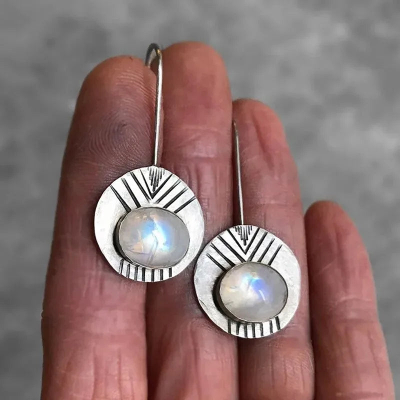 Ancient Style Round White Moonstone Zinc Alloy Large Earrings - Bold, Boho, Unique