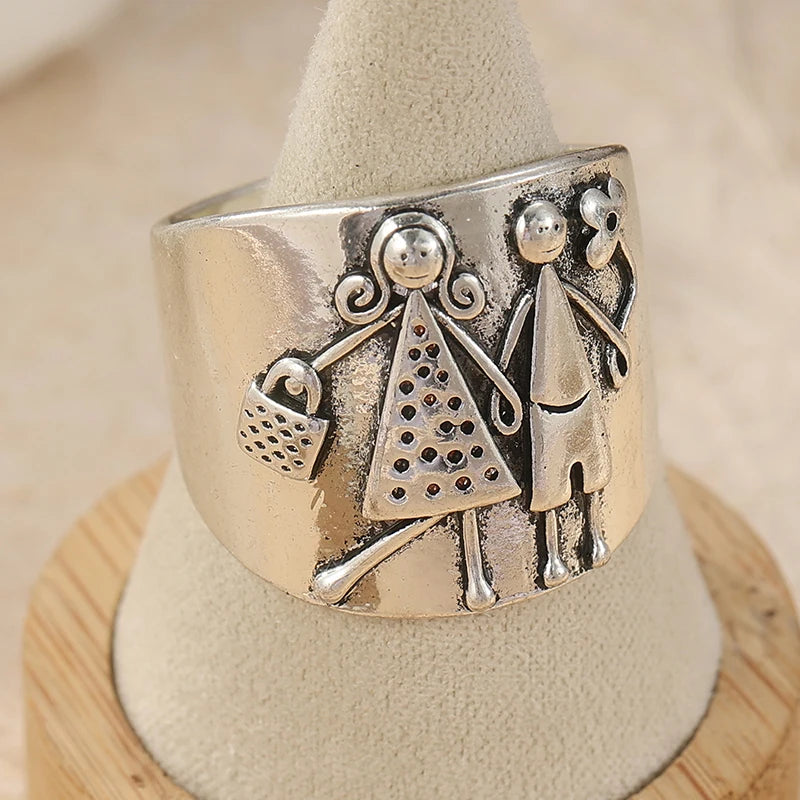 Vintage Inspired Silver-Plated Copper Ring - Hand Carved Couples Woman Man Holding Hands