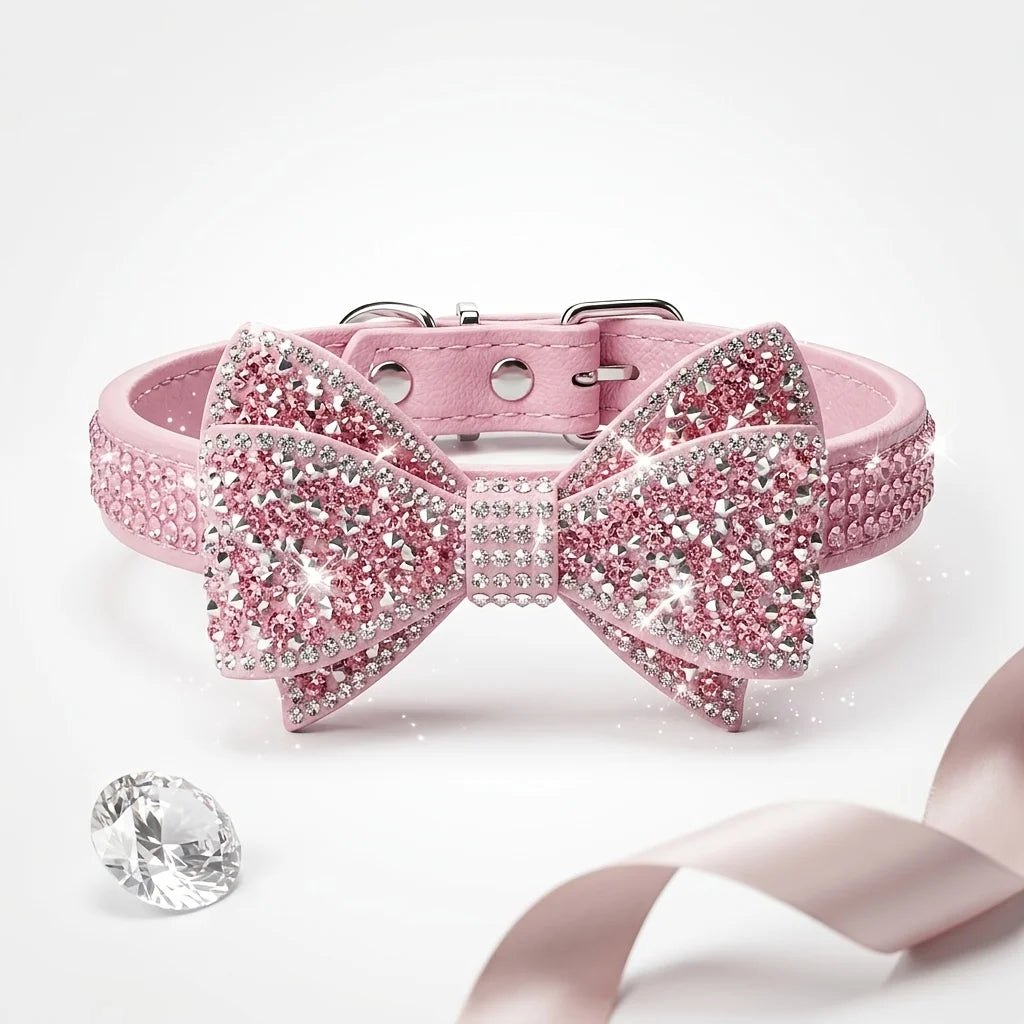 Beautiful PU Leather Pet Collar with Rhinestone Bow - Princess Style, No Choke, Secure Stones