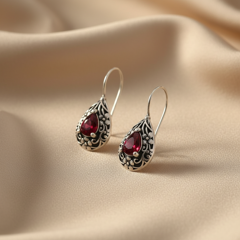 925 Sterling Silver Red Zircon Flower Drop Earrings