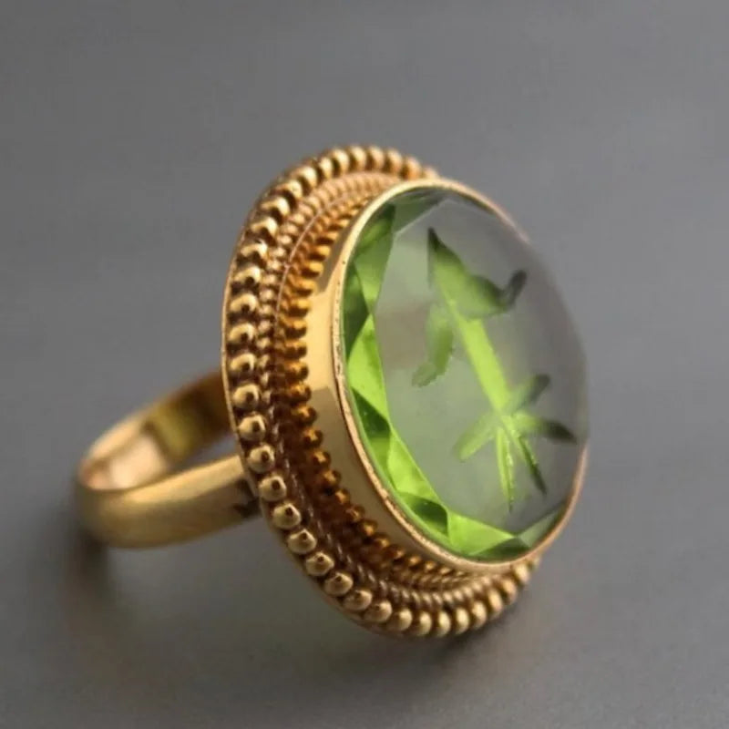 Vintage Inspired Green Large Stone Ring in Round Alloy Setting
