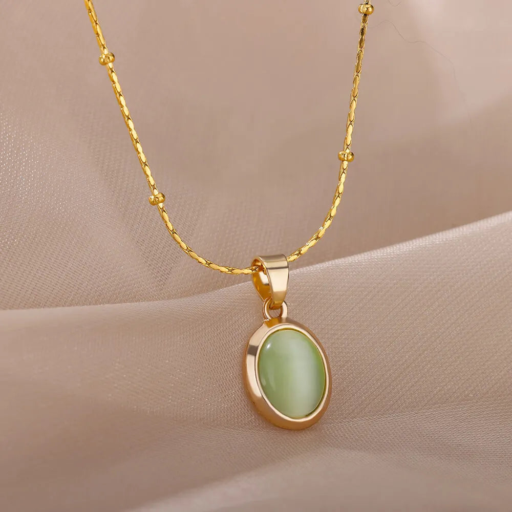 Opal Stone Pendant Stainless Steel Necklace