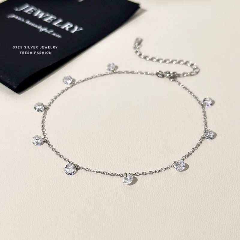 White Gold Plated 925 Sterling Silver Zircon Anklet - Sweet, Precious