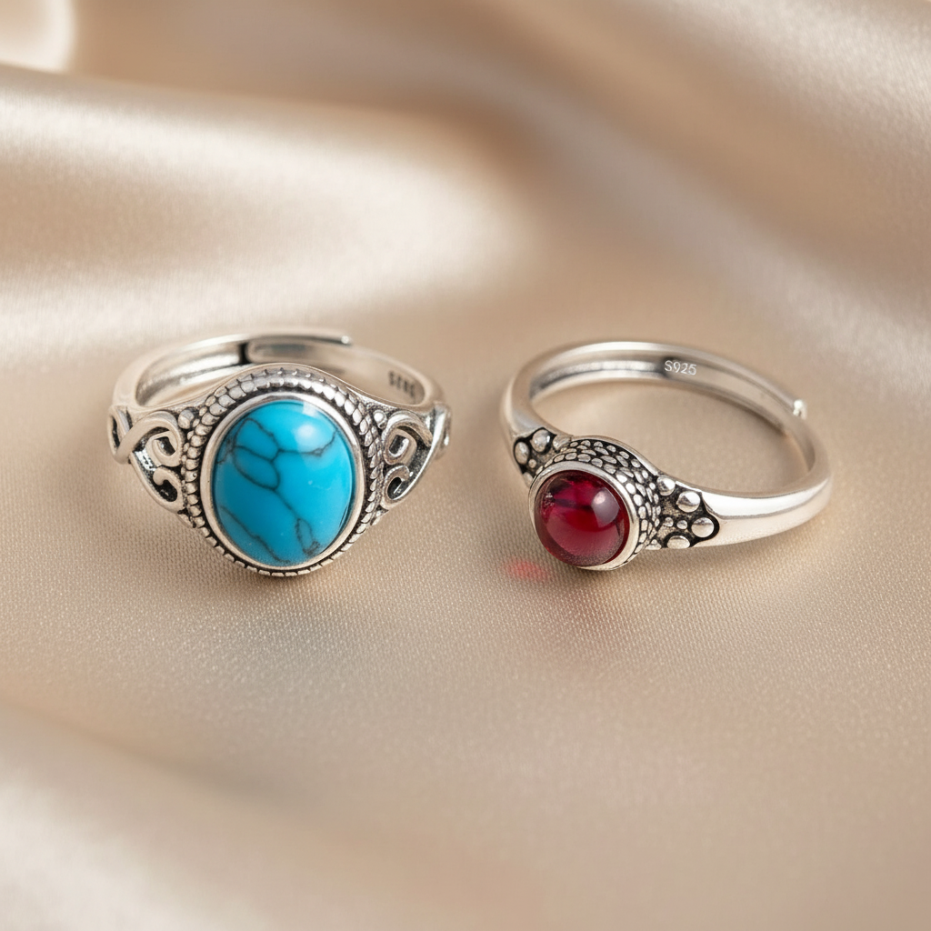 925 Sterling Silver Stone Adjustable Ring with Turquoise