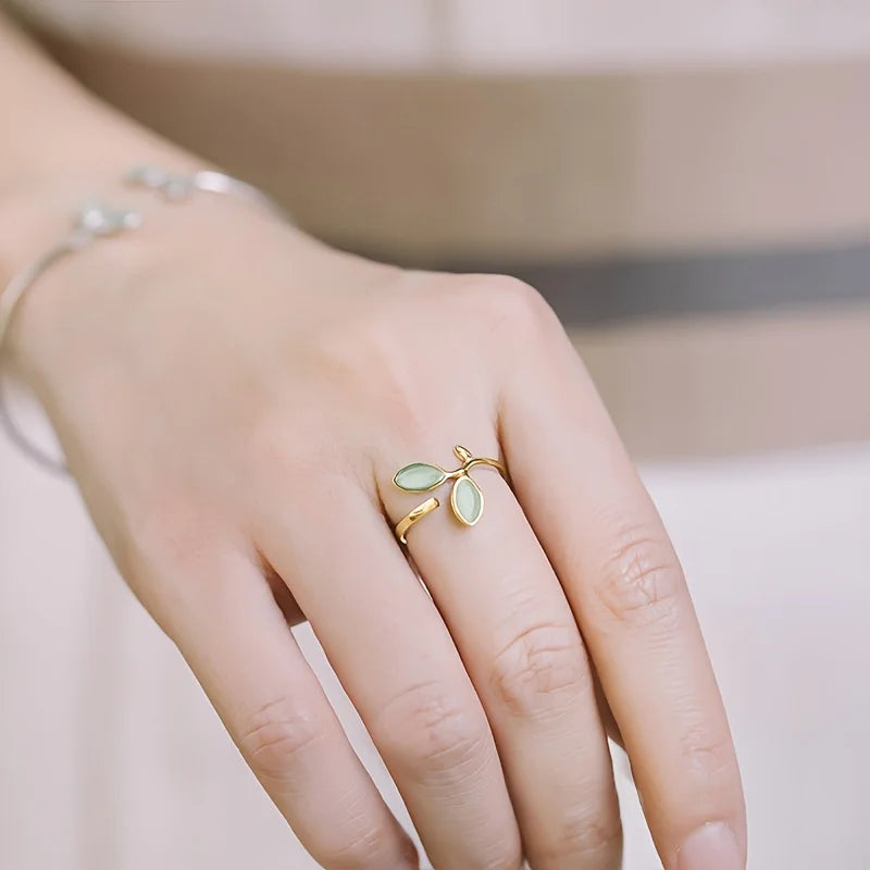 Elegant Enamel Green Leaf Ring - Adjustable Open Vine Design, Copper Plated