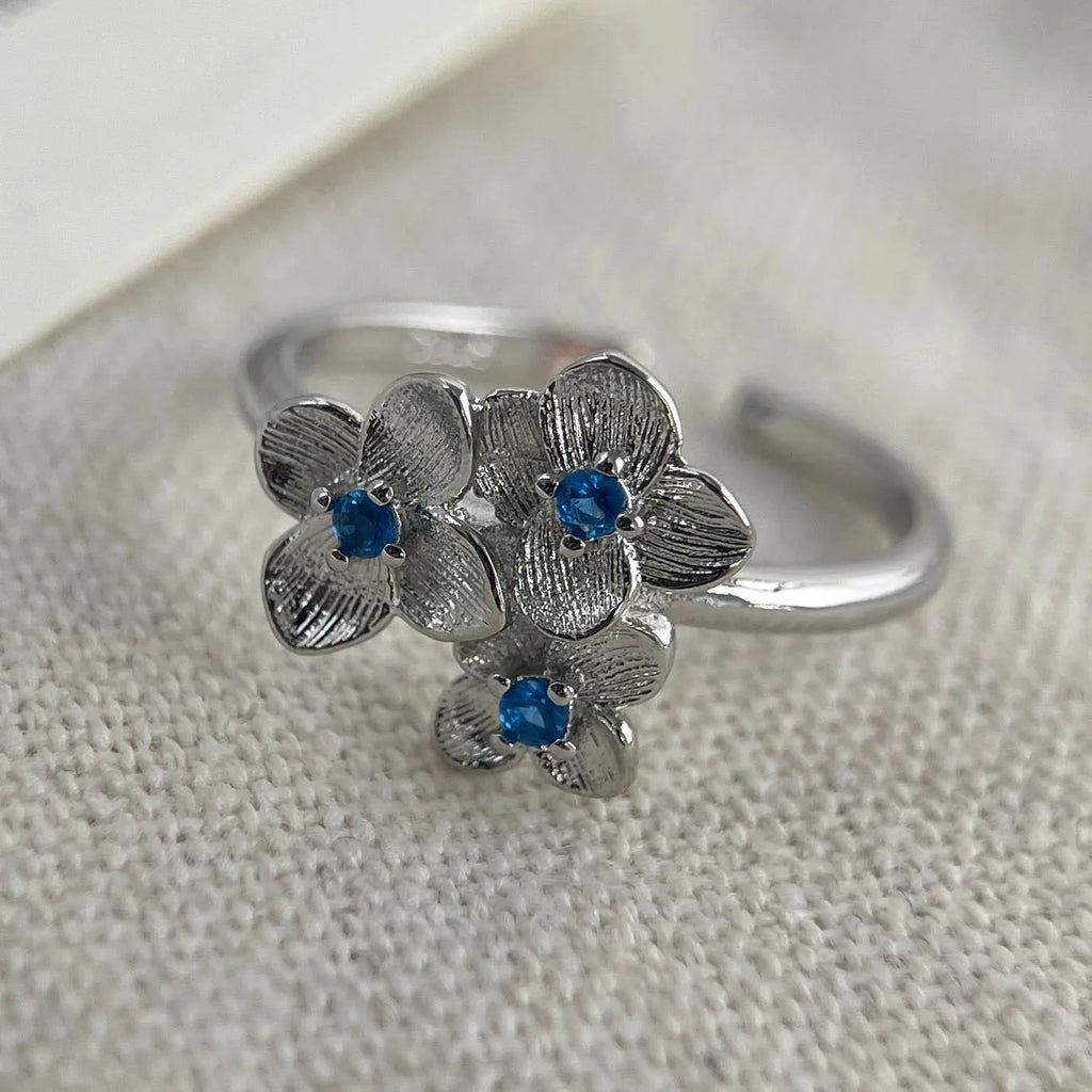925 Sterling Silver Blue Flower Zircon Adjustable Ring