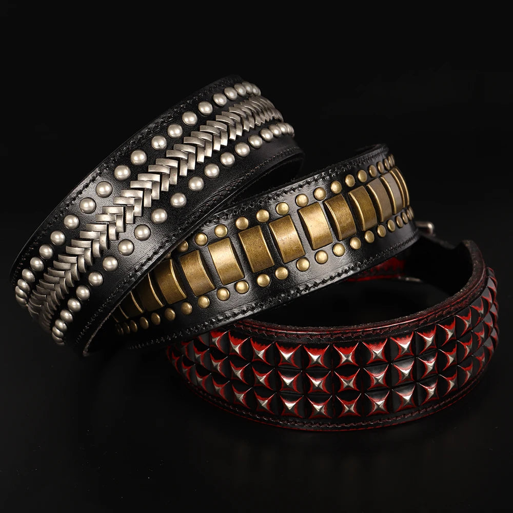 Wide Luxury Genuine Leather Dog Collar for Large Dogs - Durable Metal Cool