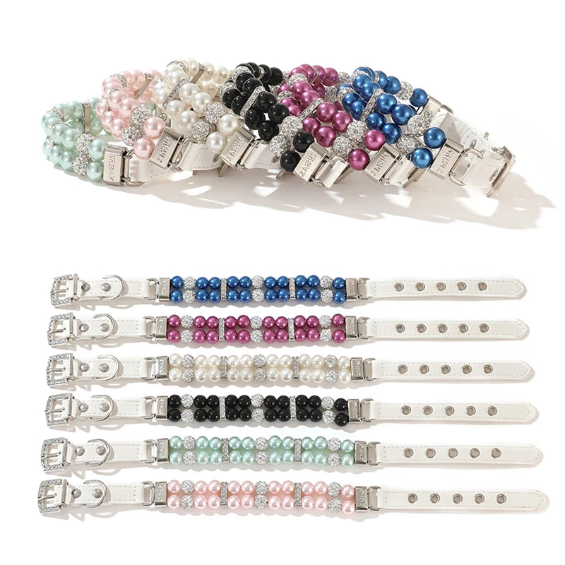 Fashionable Faux Pearl Crystals Adjustable Collar & Leash