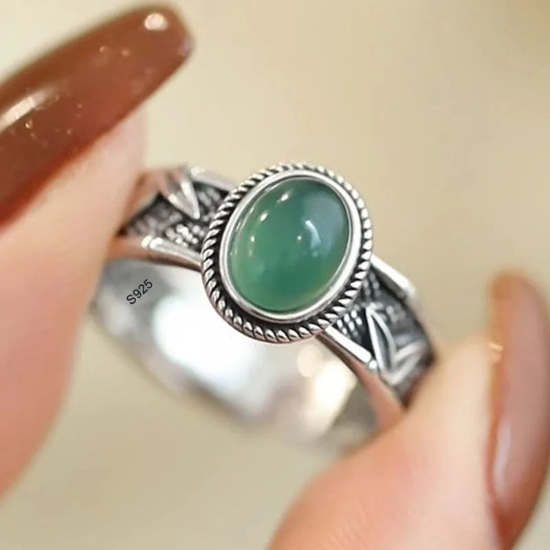 925 Sterling Silver Adjustable Green Stone Ring