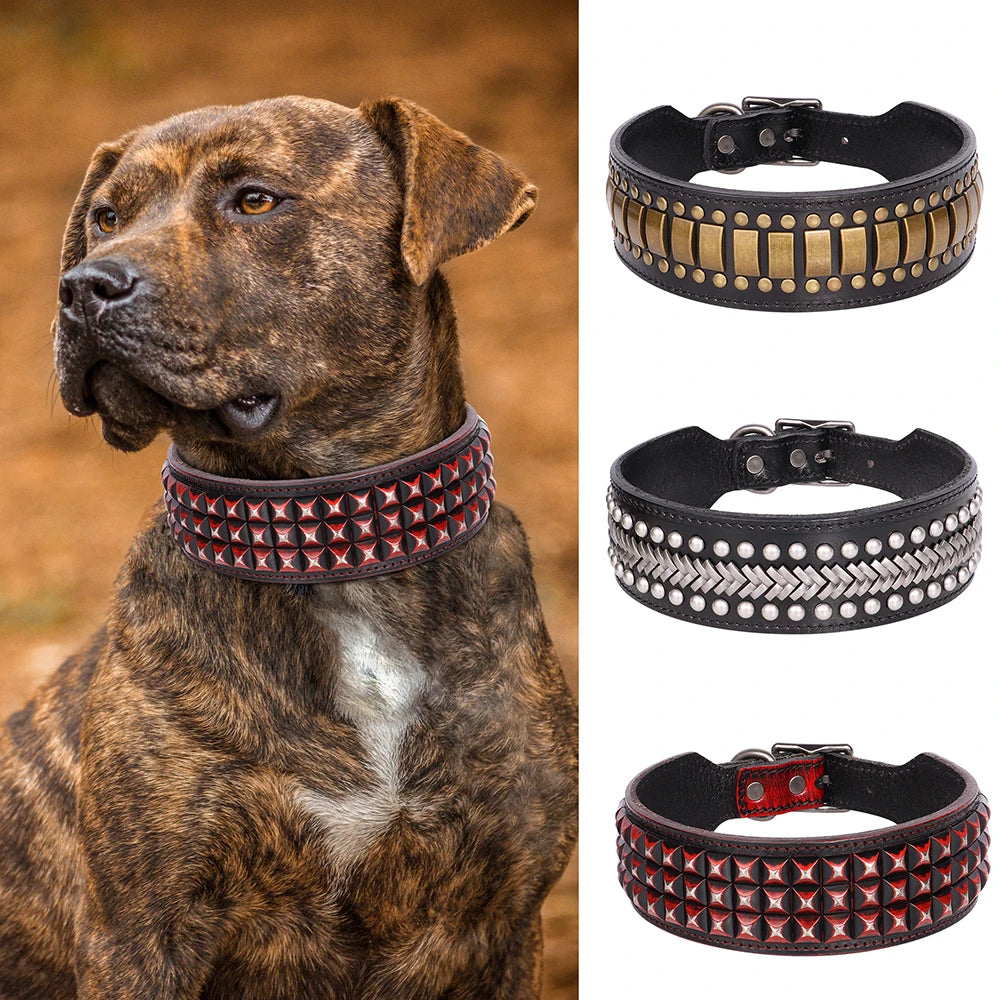 Wide Luxury Genuine Leather Dog Collar for Large Dogs - Durable Metal Cool