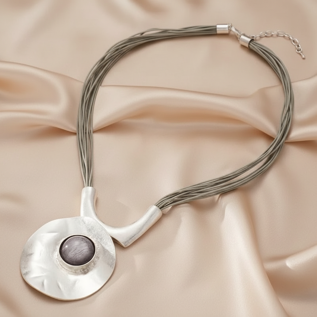Large Metal Oval Hollow Geometric Alloy Pendant & Stone on Adjustable Multilayered Rope Chain