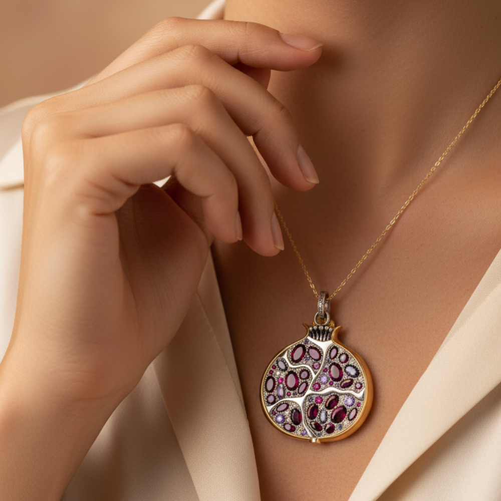Large Pomegranate Pendant with Zircon Stones in 925 Sterling Silver