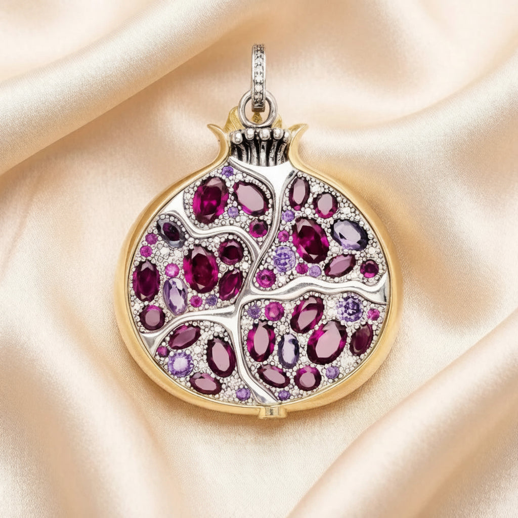 Large Pomegranate Pendant with Zircon Stones in 925 Sterling Silver
