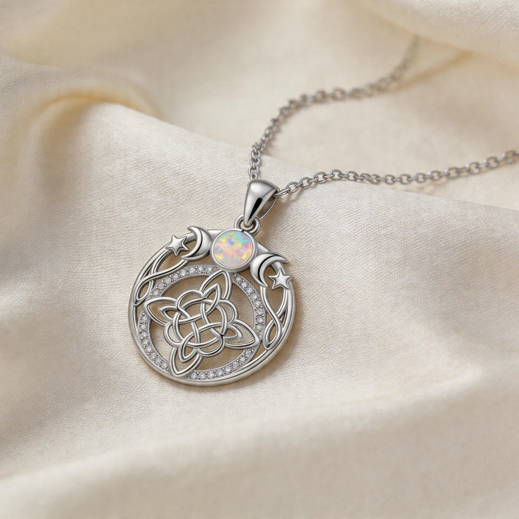 Tibetan Silver-Plated Stainless-Steel Triple Moon Goddess Witch Knot Necklace Opal Zircon Pendant