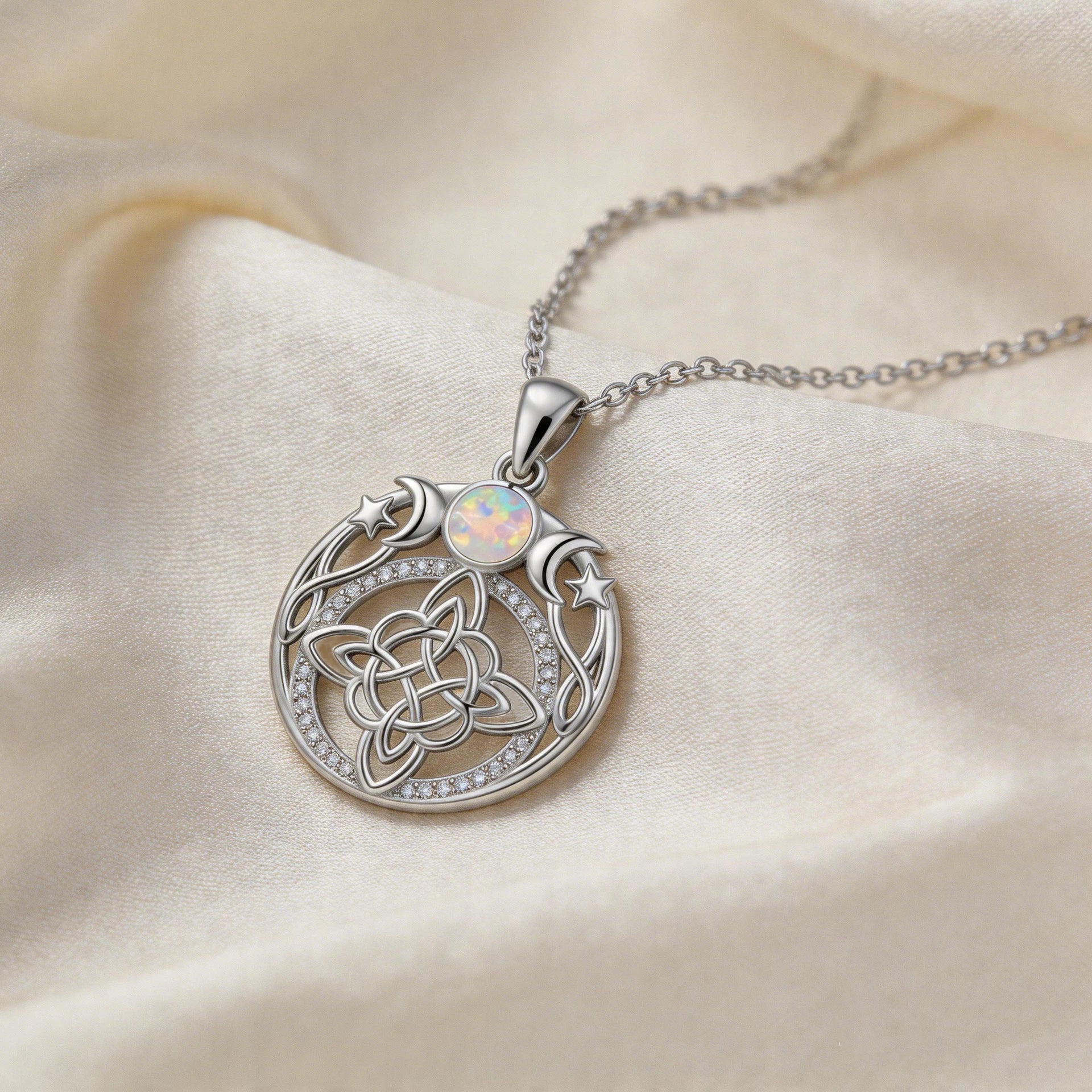 Tibetan Silver-Plated Stainless-Steel Triple Moon Goddess Witch Knot Necklace Opal Zircon Pendant