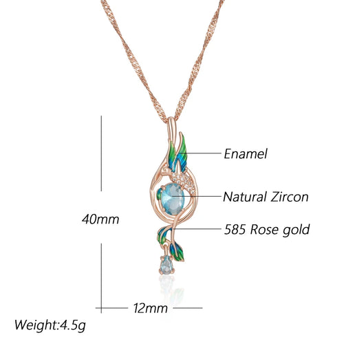 14K Rose Gold Plated Copper Peacock Pendant Necklace with Blue Natural Zircon