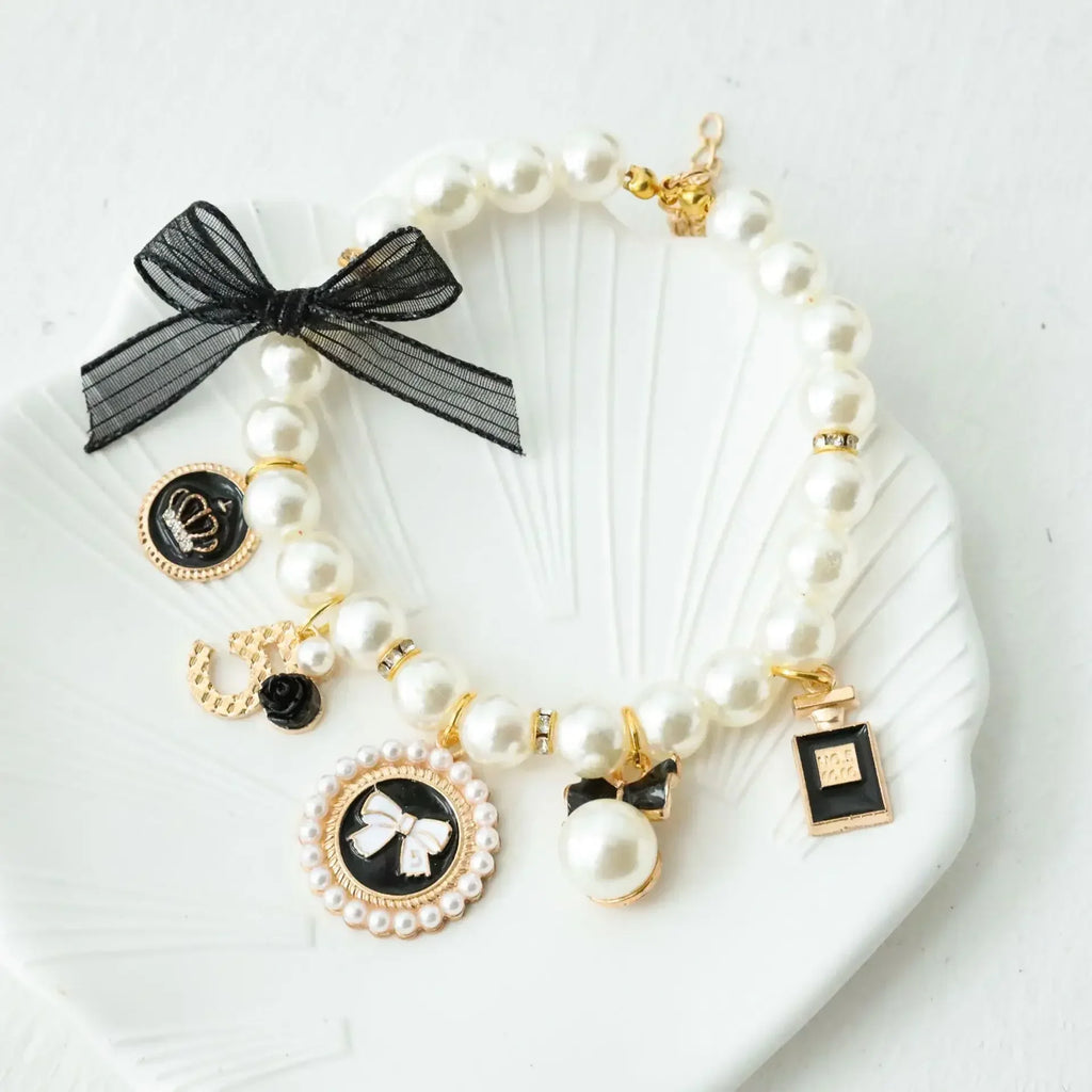 Pet Bow Pearl Necklace with Charms - Rhinestones, Faux Pearl, Princess