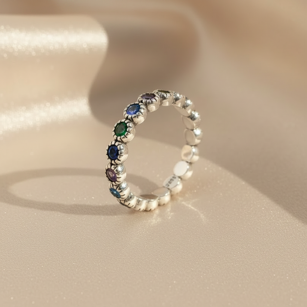 925 Sterling Silver Multicolor CZ Flower Adjustable Ring