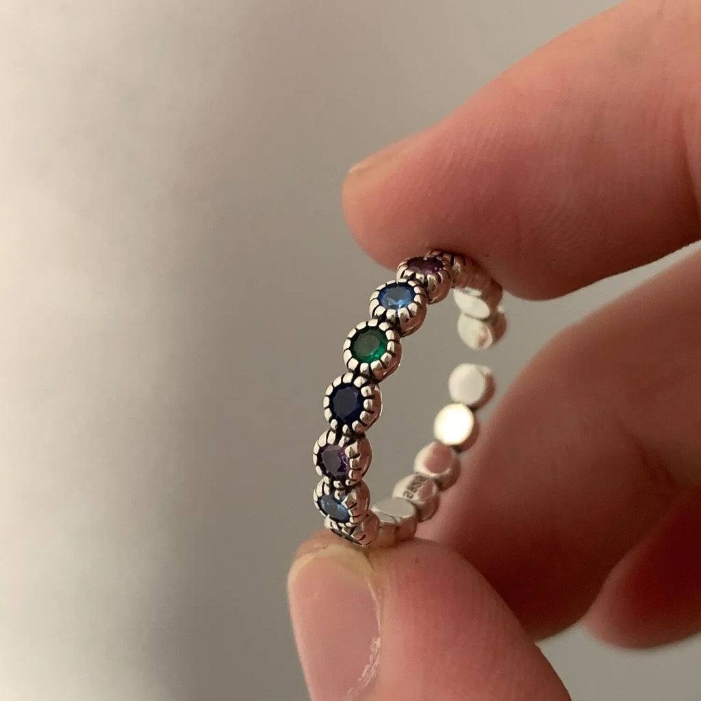 925 Sterling Silver Multicolor CZ Flower Adjustable Ring
