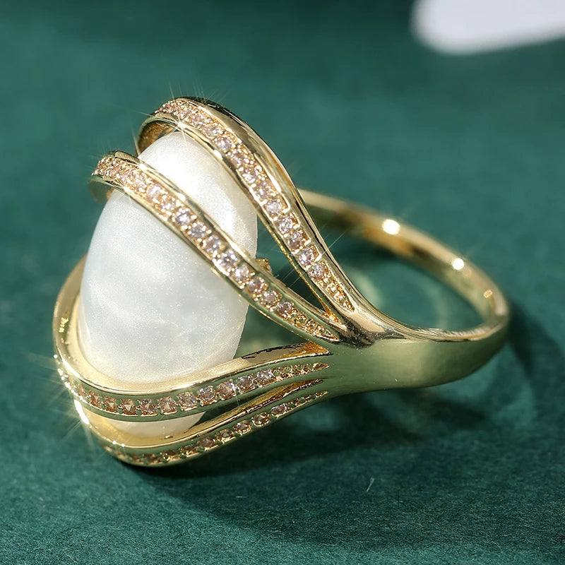 Bold Statement Brass Ring with Large White Faux Pearl & Zircon