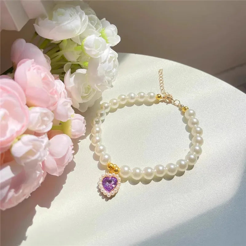 Faux Pearl Dog Necklace & Heart Rhinestone Pearl Pendant