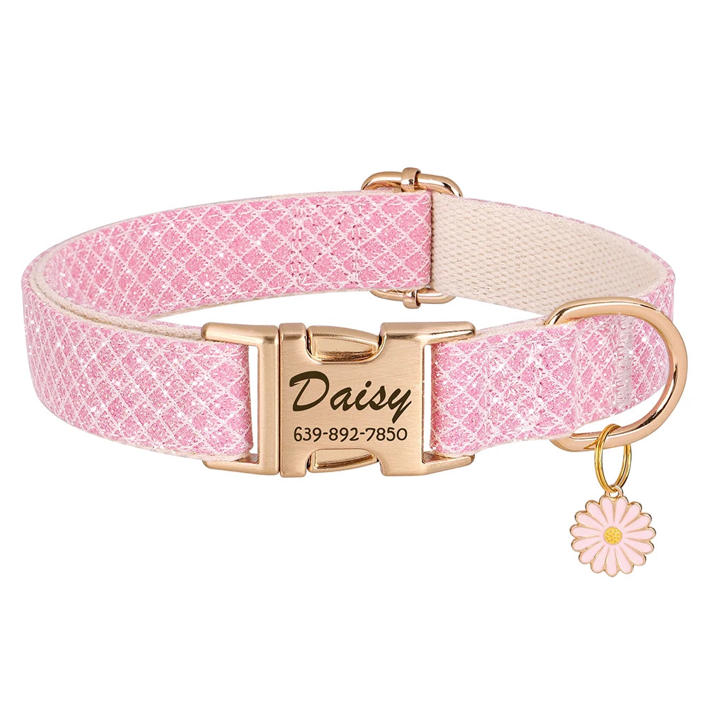 Nylon Dog Collar with Cute Flower Tag - Customize, Engrave, Name Tag, ID Necklace