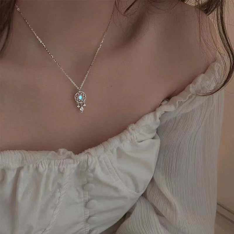 Delicate Dream Catcher Blue Zircon Pendant Zinc Alloy Necklace