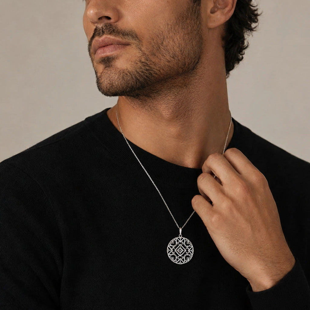 Unisex Large Round Ornament Pendant in 925 Sterling Silver