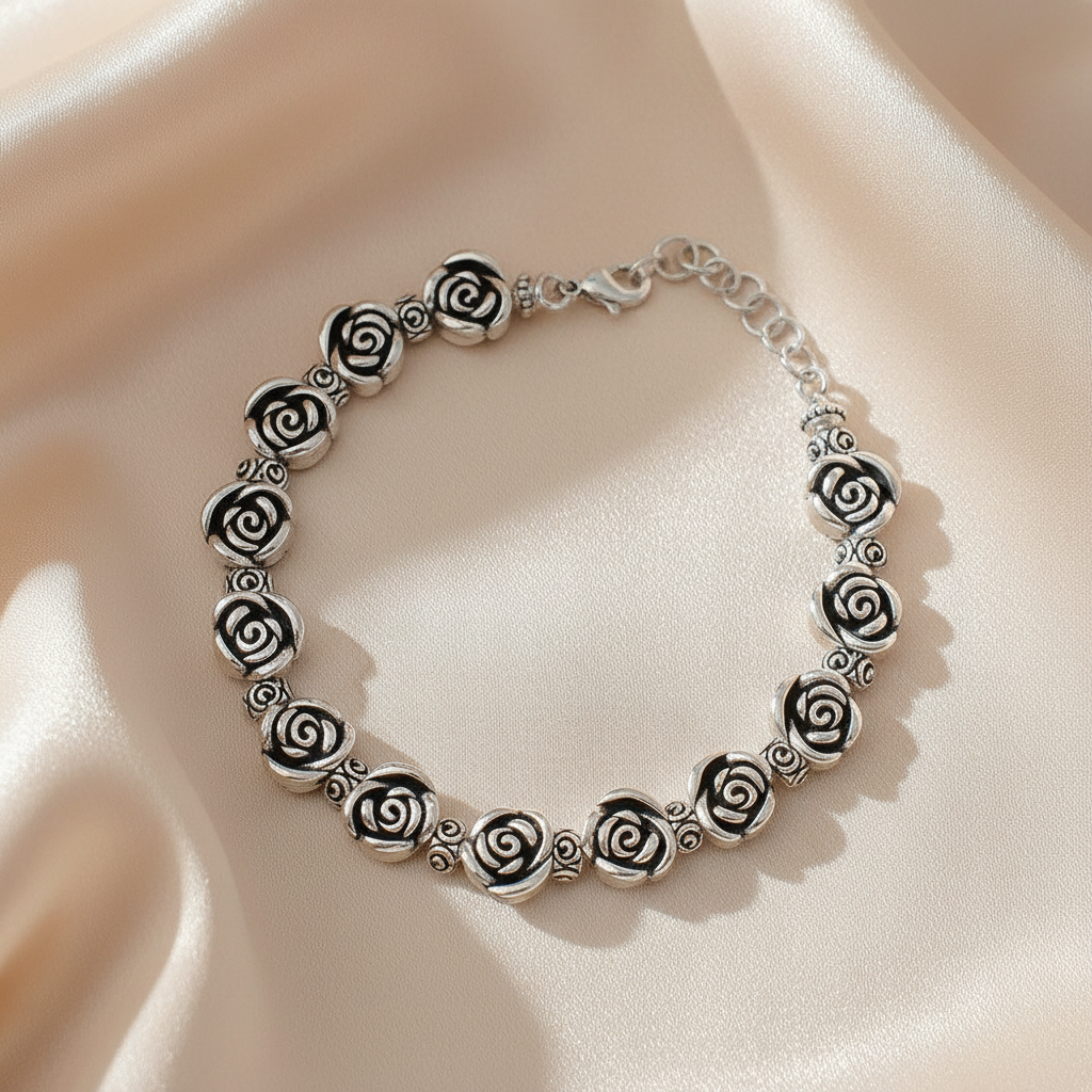 Vintage Inspired 925 Sterling Silver Rose Bracelet