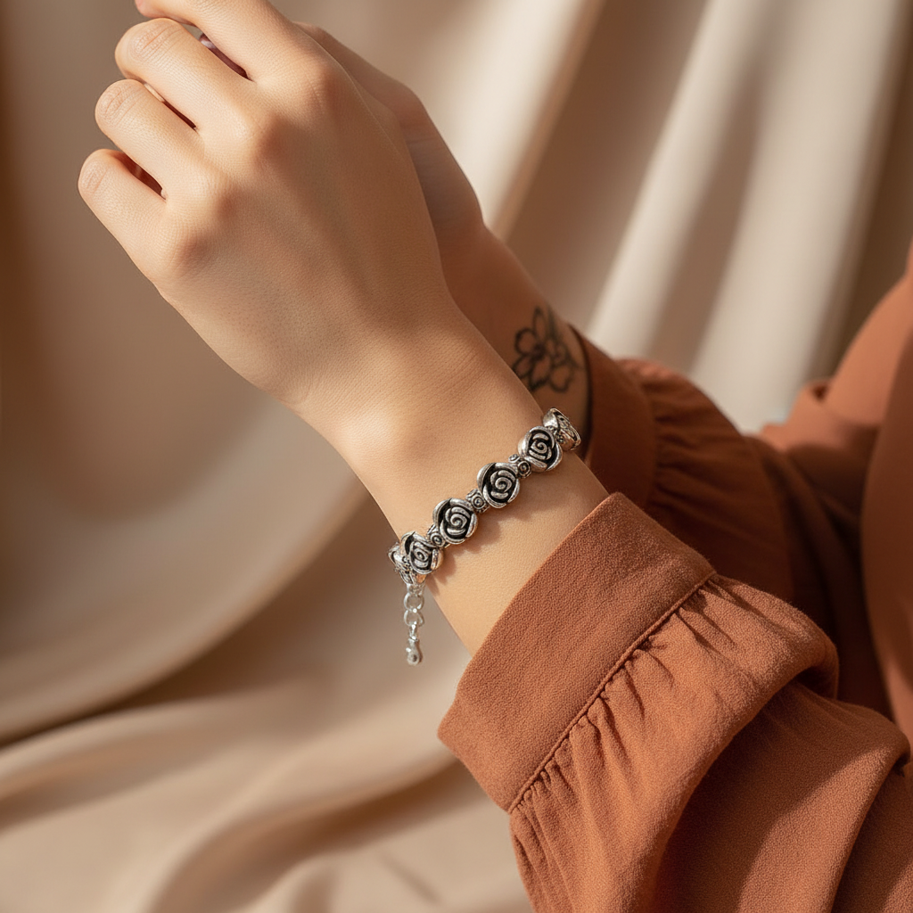 Vintage Inspired 925 Sterling Silver Rose Bracelet