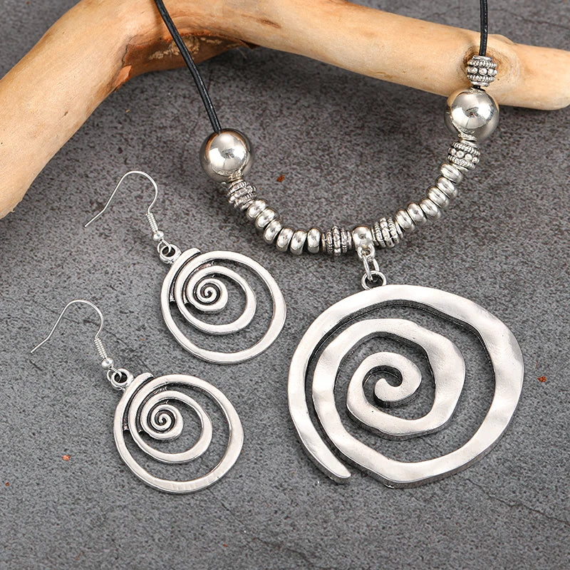 Bold Bohemian Style Alloy Spiral Pendant Necklace & Earrings - 3 Options