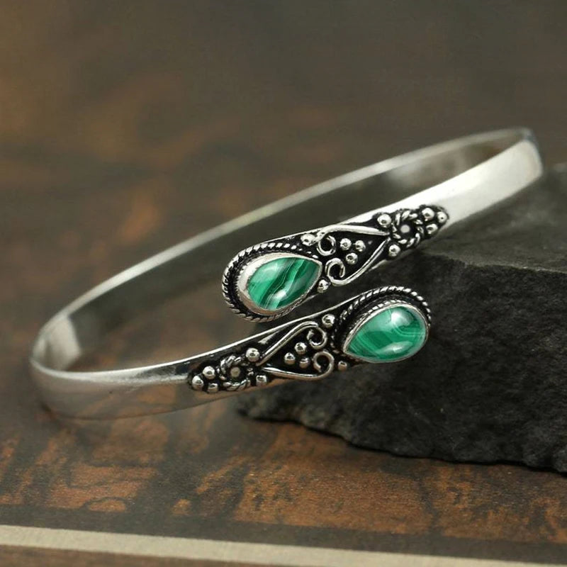 Adjustable Zinc Alloy Flower Detail Bracelet with Stone - Antique Inspired, Elegant, Boho