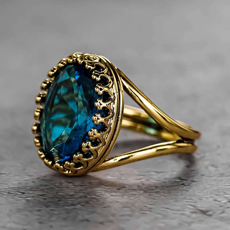 Large Oval Ocean Blue Cubic Zirconia Stone Brass Ring - Cocktail, Bold, Statement