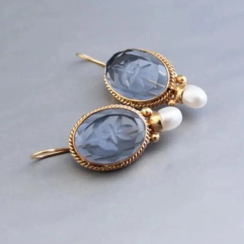 Retro Geometric Hexagonal Green/Blue Crystal Faux Pearl Copper Earrings