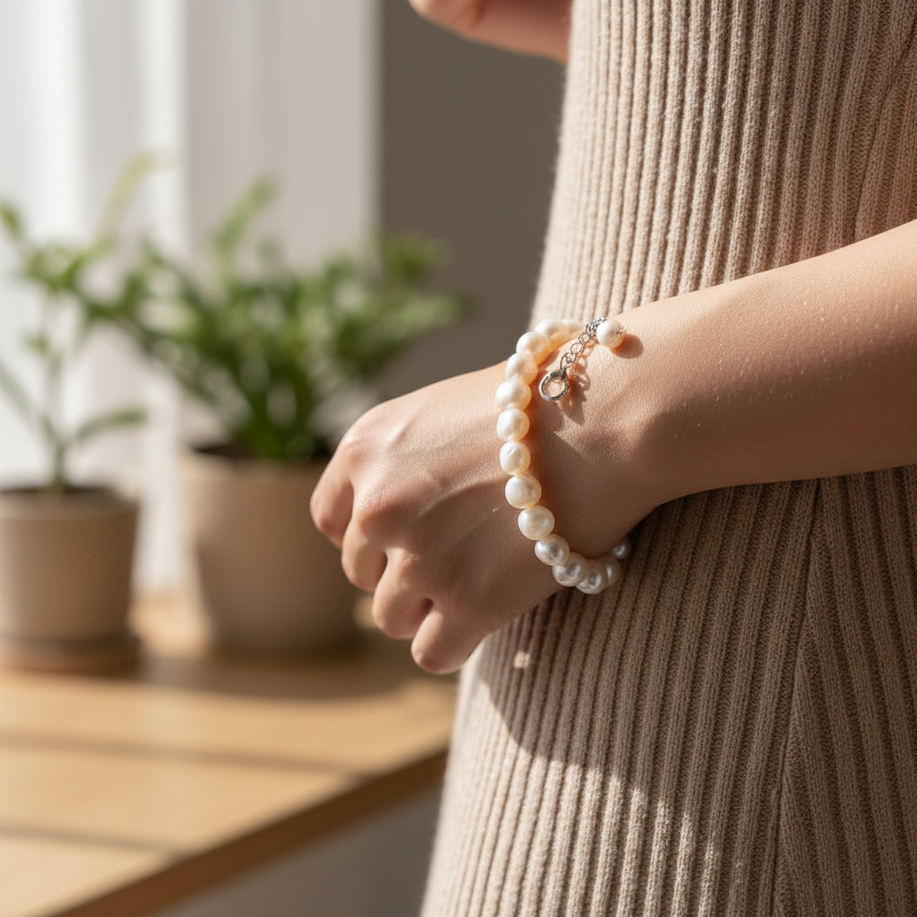 Genuine Freshwater White Pearl Bracelet in 925 Sterling Silver