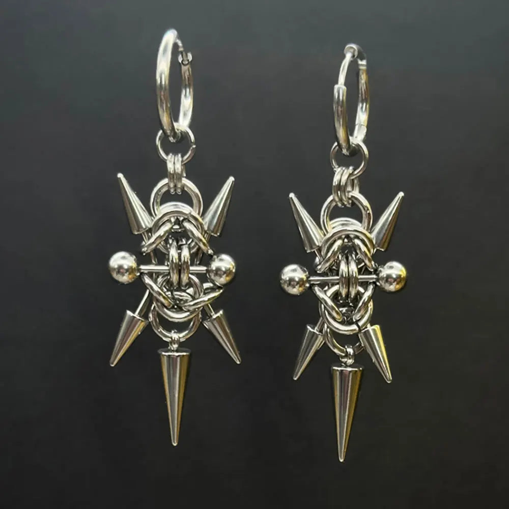 Gothic Punk Y2K Stainless Steel Spike Hoops Piercing Long Dangle Earrings
