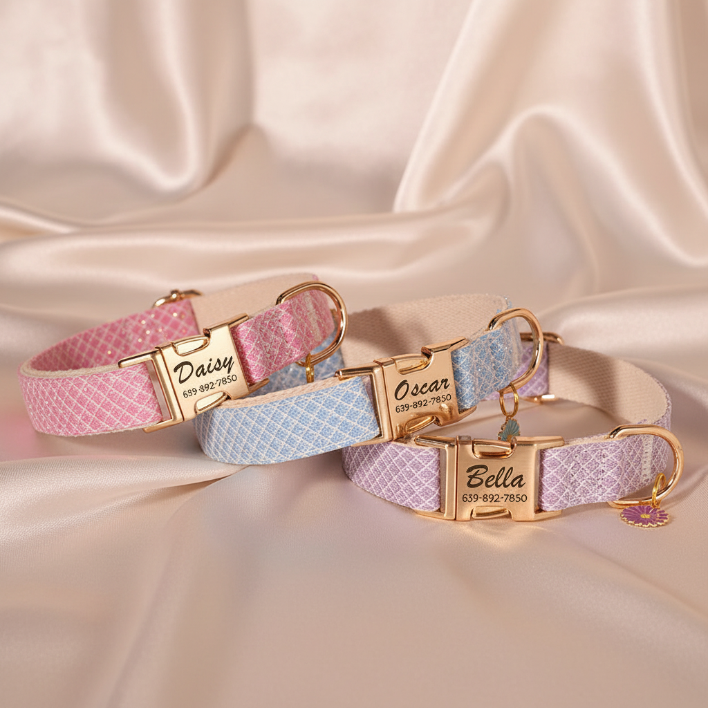 Nylon Dog Collar with Cute Flower Tag - Customize, Engrave, Name Tag, ID Necklace