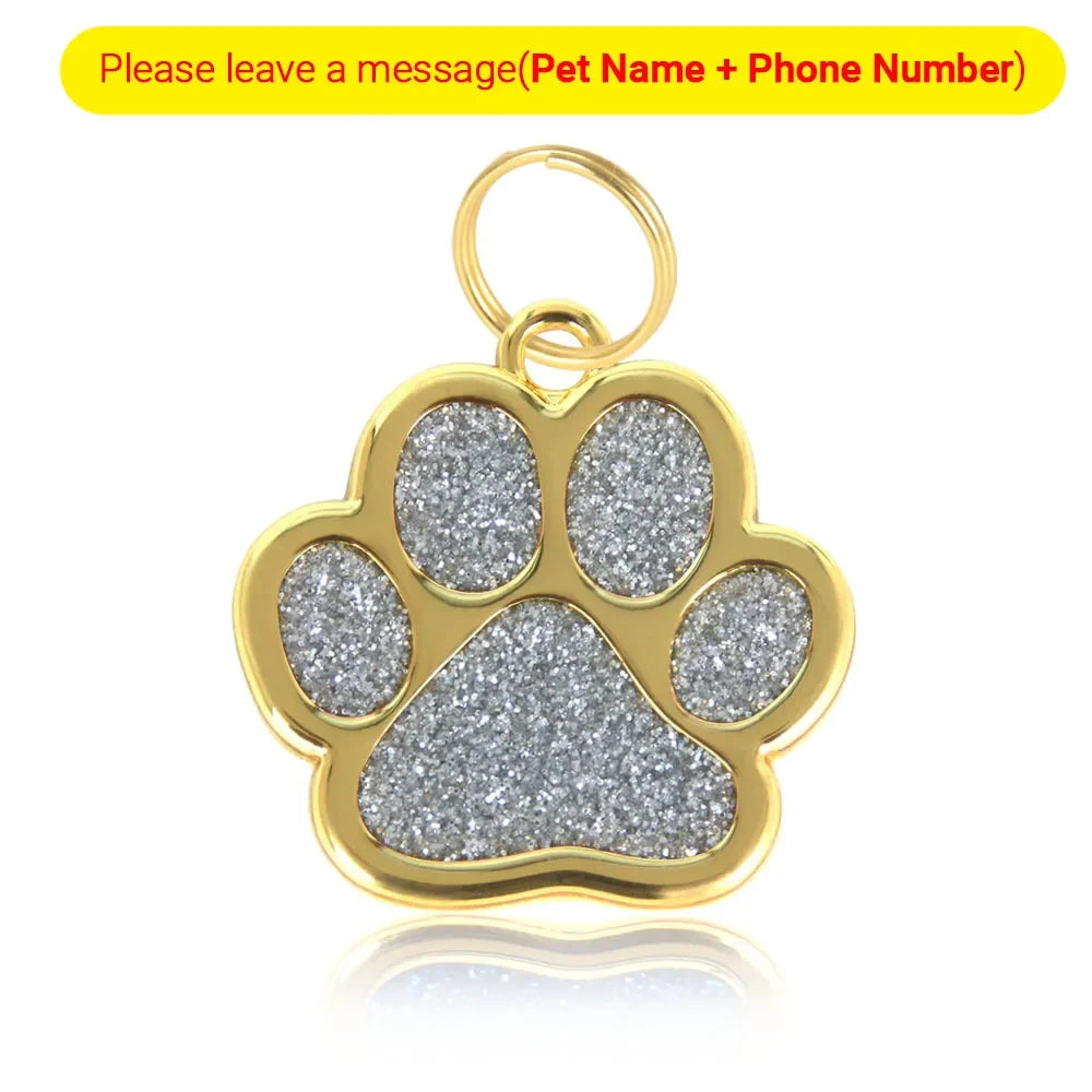 Gold Tone Stainless Steel Dog Cat Paw Print ID Name Tag