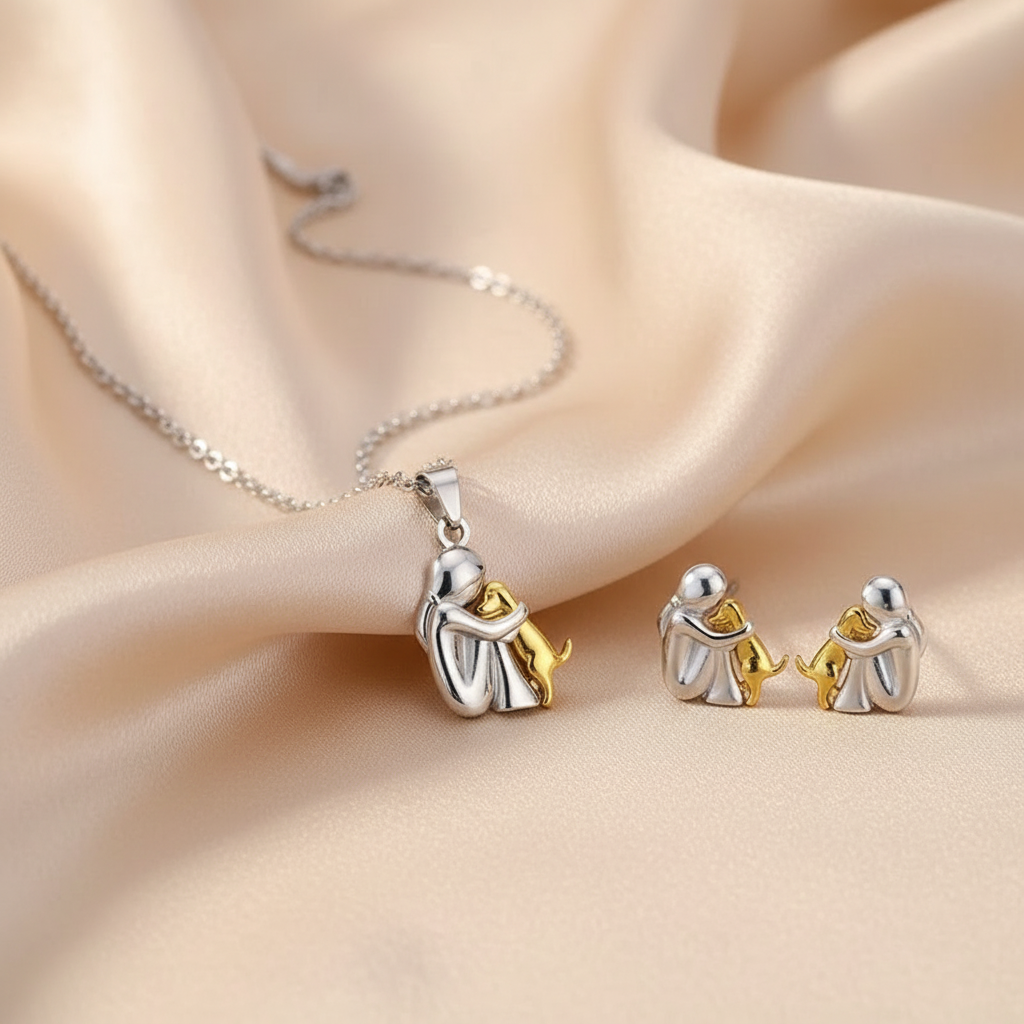 Two Tone Girl & Dog Hug Jewelry Set: Necklace & Earrings, Zinc Alloy