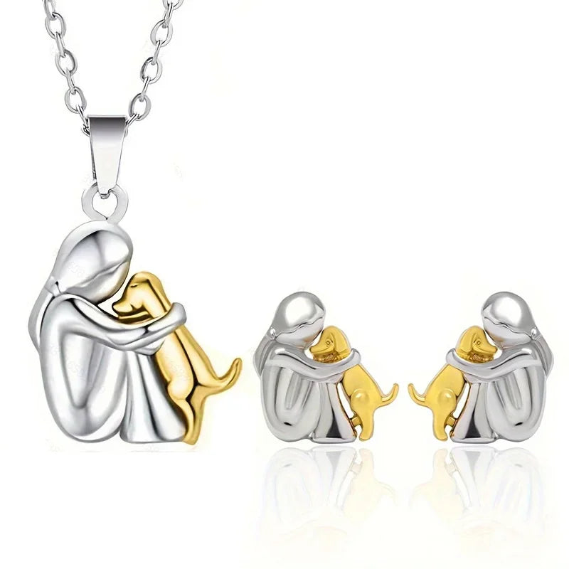 Two Tone Girl & Dog Hug Jewelry Set: Necklace & Earrings, Zinc Alloy