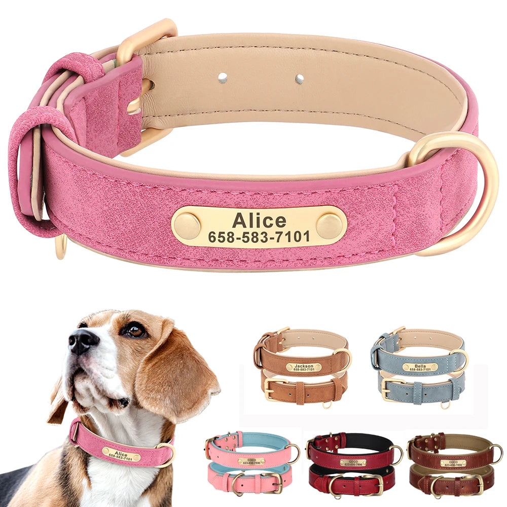 Soft Faux Leather Adjustable Dog Collar - Customize, Engrave, Name Tag, ID Necklace