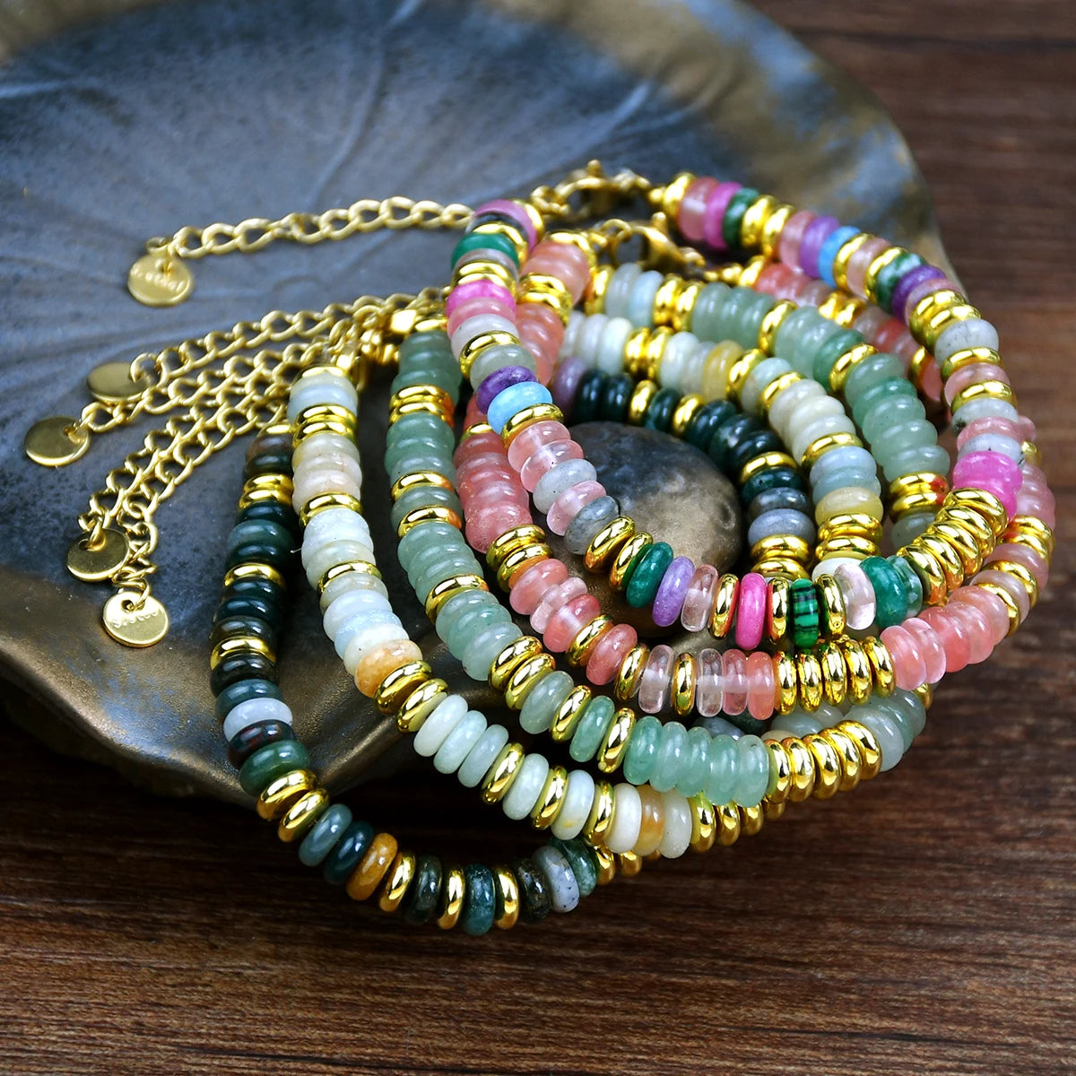 Natural Colorful Beaded Gemstones Boho Stainless Steel Bracelet