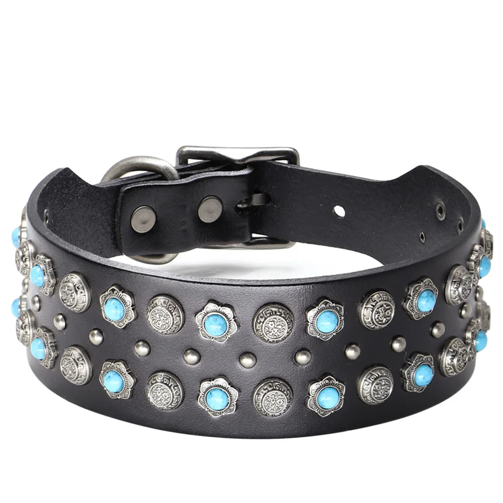 Wide Luxury Genuine Leather Dog Collar for Large Dogs - Durable Metal Cool