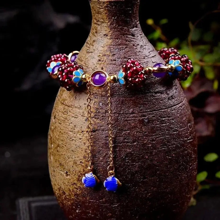 Pomegranate Fruit Blue Flower Tianhe Stone Beaded Strand Bracelet - Nature Inspired Unique