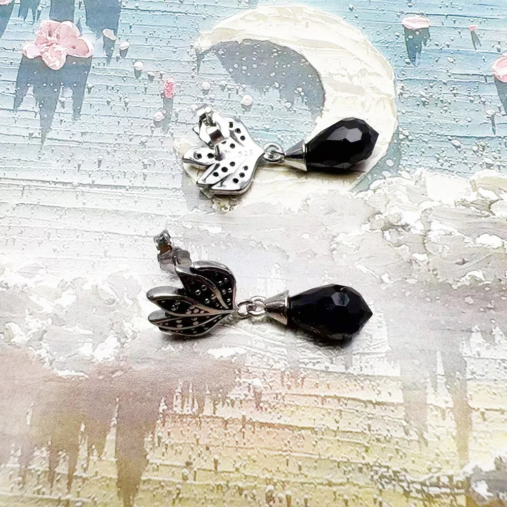 Black Flame Water Drop Earrings in 925 Sterling Silver with Zircons
