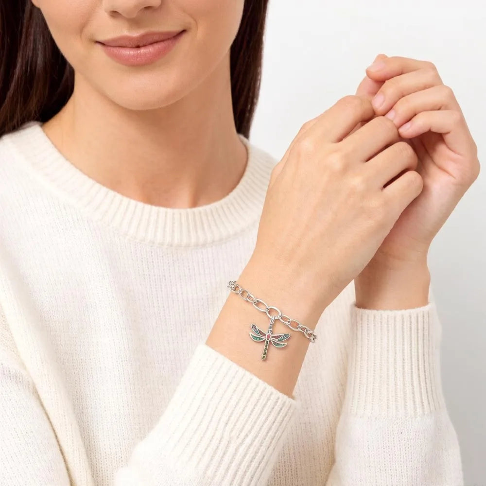 925 Sterling Silver Dragonfly Multicolor Charm Bracelet