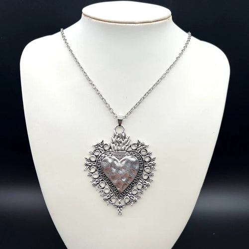 "Sacred Flaming Hearts" Mexican Milagros Gothic Vintage Inspired Zink Alloy Necklace