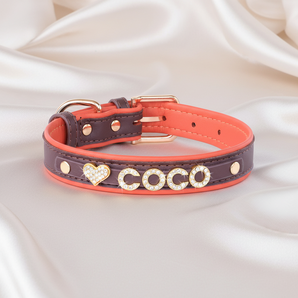 Faux Leather Dog Collar with Rhinestones - Customize, Engrave, Name Tag