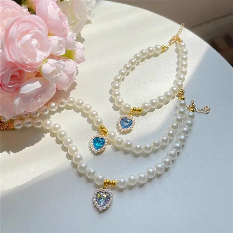Faux Pearl Dog Necklace & Heart Rhinestone Pearl Pendant